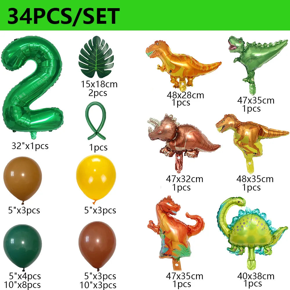 34Pcs 1 2 3 Years Dinosaur Birthday Party Dino Balloons Palm Leaf Set First Bthday Boy Party Kids Baby Shower Jungle Safari Deco