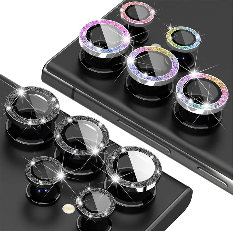Glitter Diamond Camera Lens Protector For Samsung Galaxy S25 Ultra S25Plus S24Ultra S23 22Ultra Metal Ring Tempered Glass Cover
