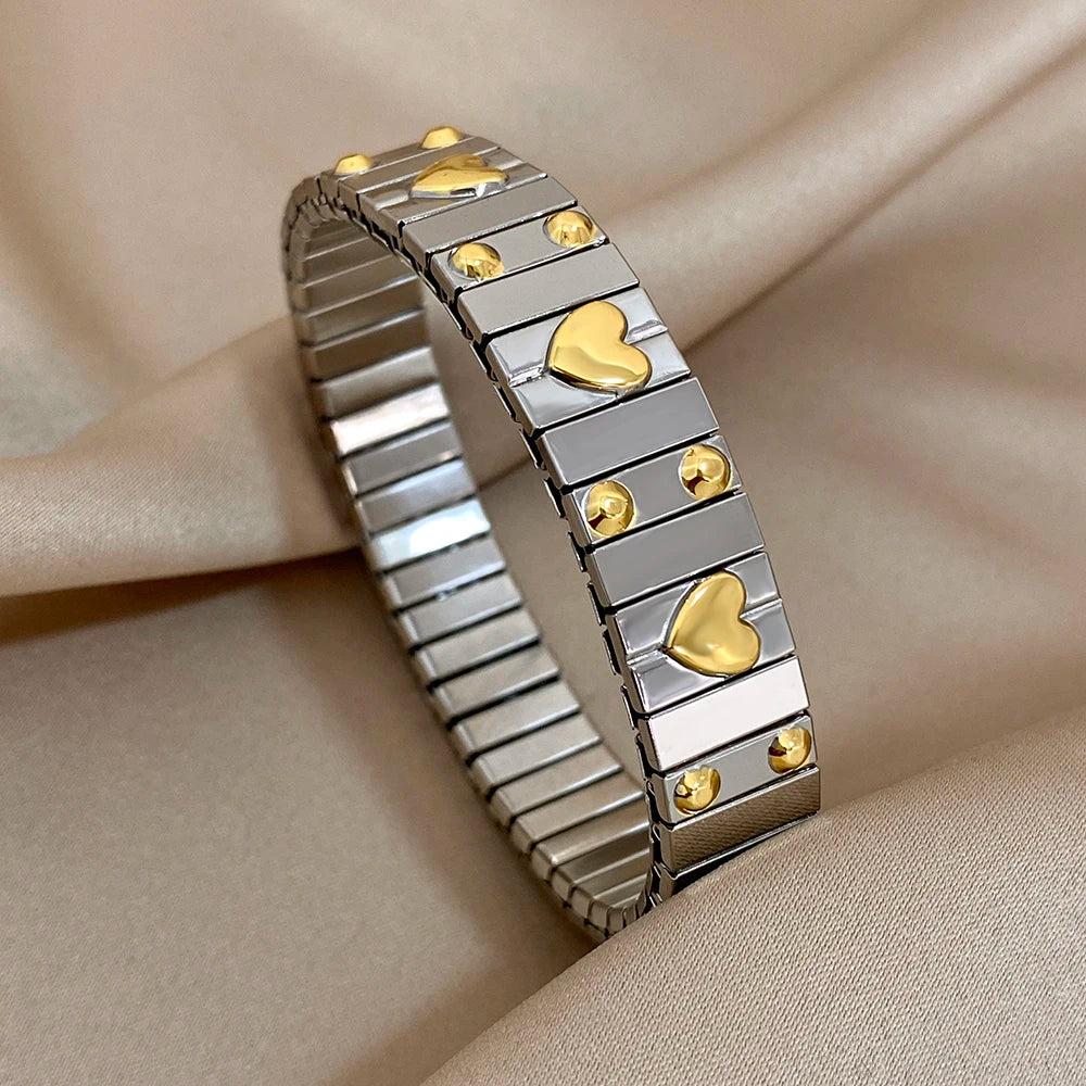 AENSOA Vintage Elasticity Stainless Steel Bangles Bracelet for Women Classic Heart Square Adjustable Wristband Waterproof Bangle