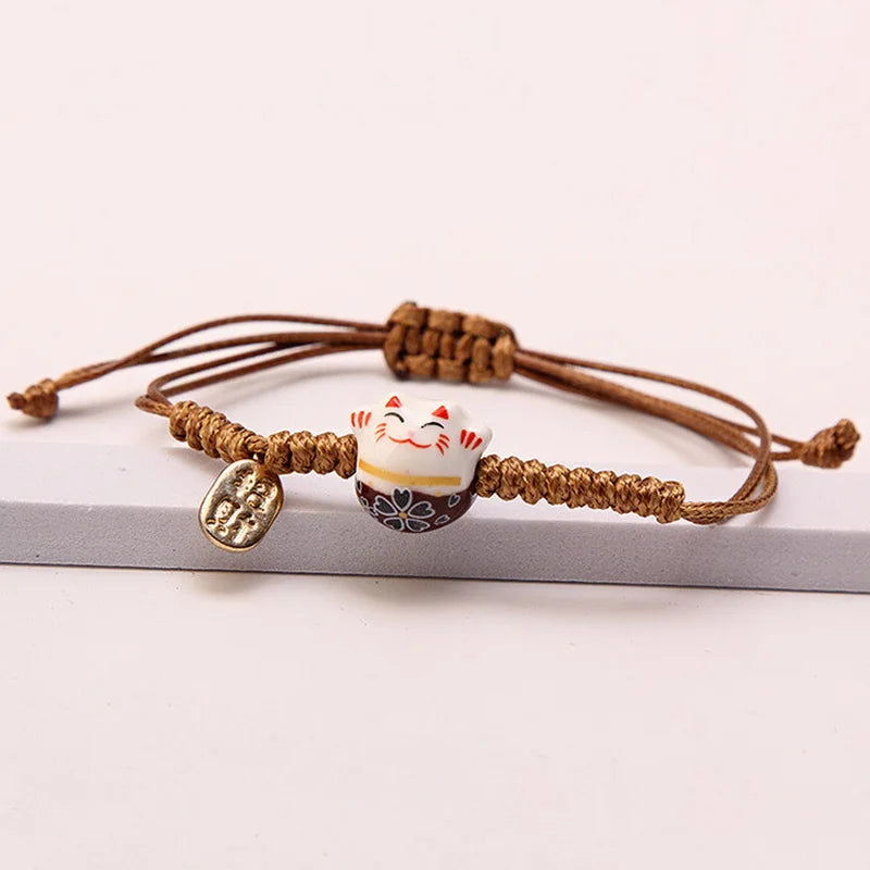 Simple Ceramic Lucky Cat Braided Bracelet for Women Cute Animal Kitten Hand-woven Adjustable Bangles Party Harajuku Jewelry Gift