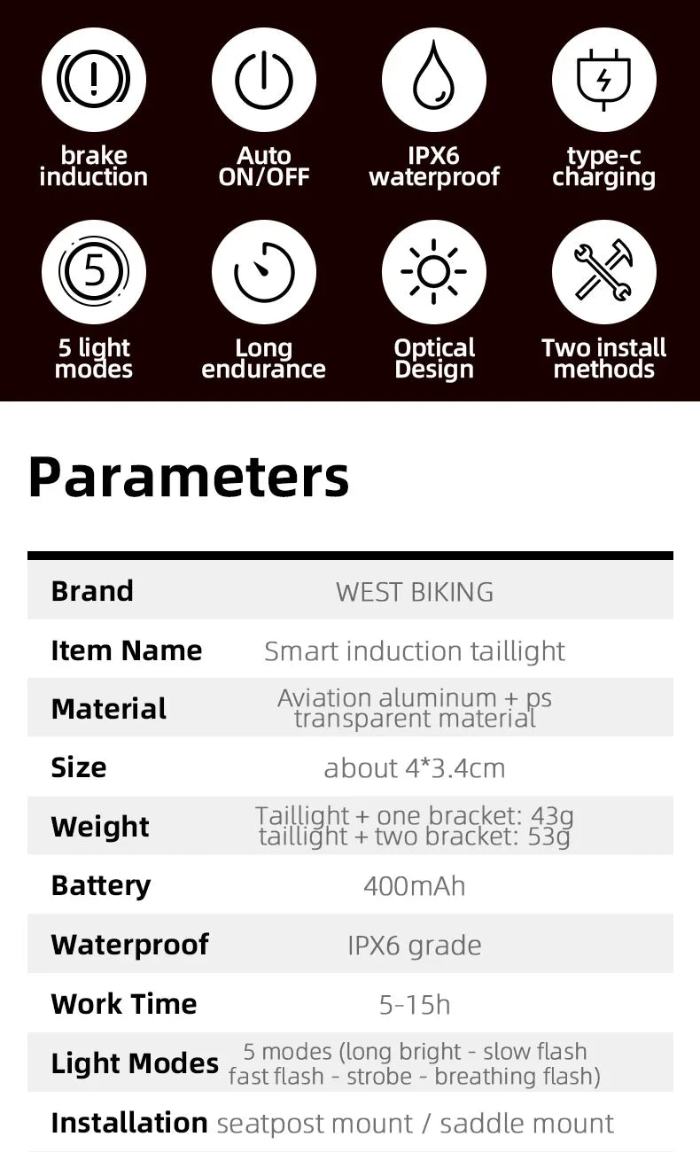 WEST BIKING Bike Rear Light Smart Brake Sensing Light Bicycle Tail Light Type-C Charging Taillight Road Cycling Accessories