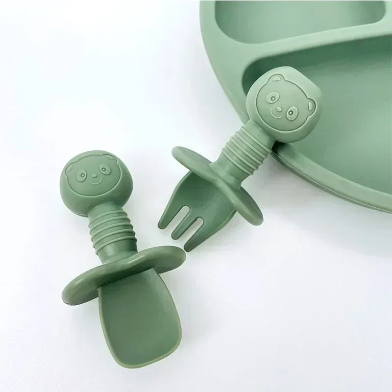2pcs Food Grade Children Wooden Handle Silicone Spoon Fork Cutlery Baby Training Complementary Food Spoon BabyFeeding Spoon Fork