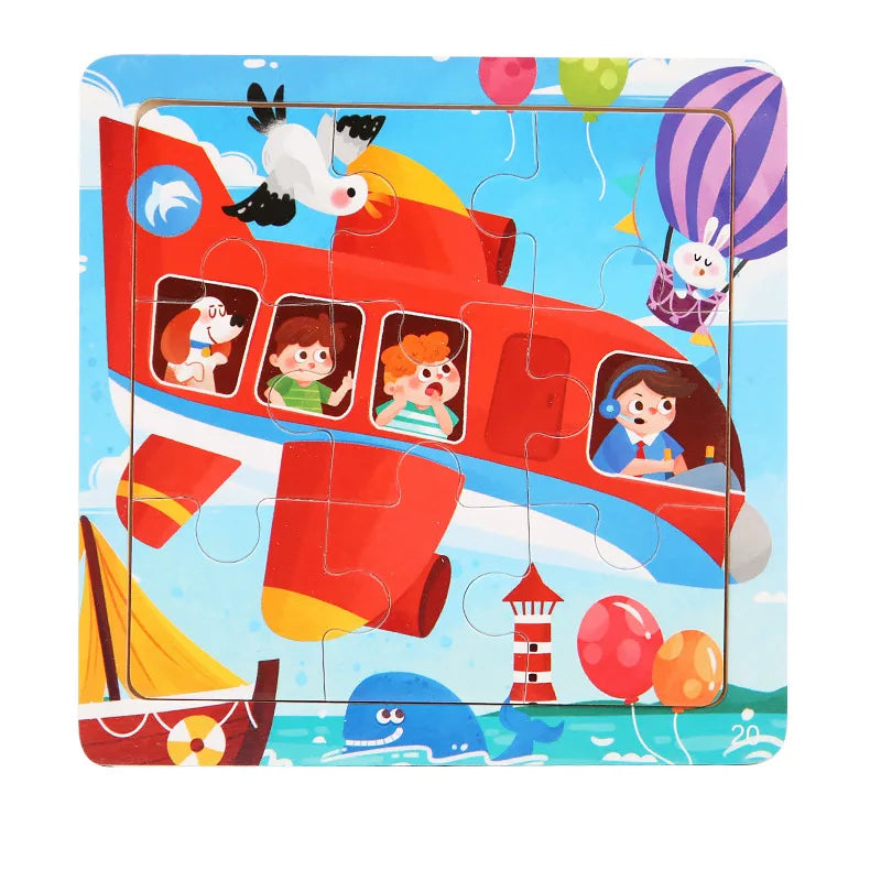 9 Piece Small Wooden Puzzle Cartoon Animal Vehicle 11x11cm Wood 3d Puzzle Montessori Educational Toys For Kids Gifts