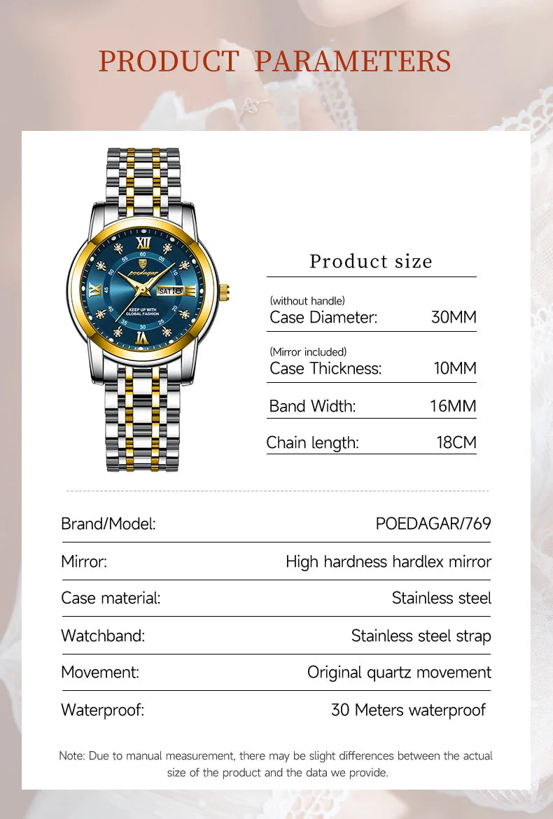 POEDAGAR Luxury Women Wristwatch Waterproof Luminous Date Week Women's Watches Stainless Steel Elegant Dress Quartz Ladies Watch