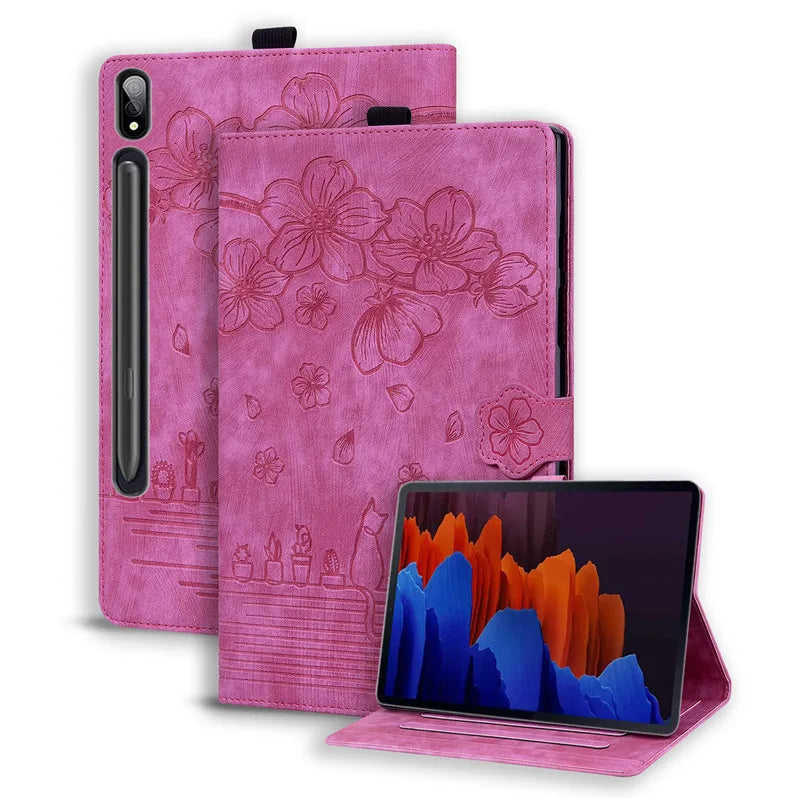 For Samsung Galaxy Tab S7 FE 12.4 Tablet Case Cute Cat Flower Funda For Galaxy Tab S10 Plus S9 FE S7 S8+ A9 Plus 11 12.4 Cover