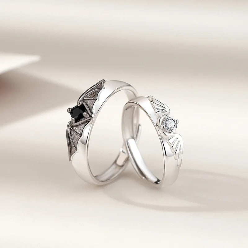Luxury Crystal Angel Demon Couple Rings for Women Men Romantic Fashion Wings Design Adjustable Engagement Ring Wedding Jewelry