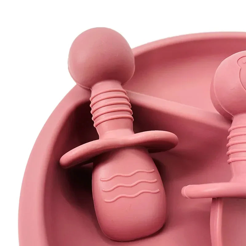 2pcs Food Grade Children Wooden Handle Silicone Spoon Fork Cutlery Baby Training Complementary Food Spoon BabyFeeding Spoon Fork