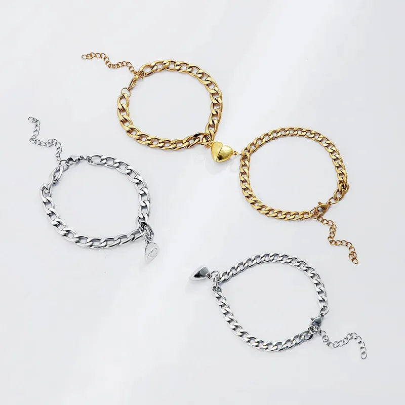 2Pcs/set Magnet Couple Bracelets Heart Attraction Bracelet Sliver Love Charm Simple Cuban Chains Key Lock Jewelry Gifts