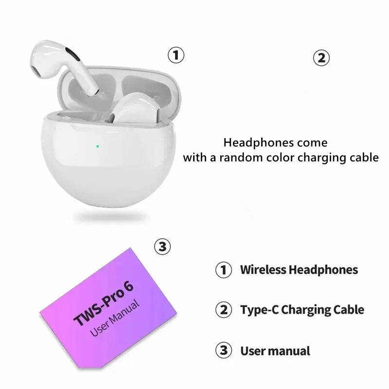 Air Pro 6 TWS Wireless Bluetooth Headset 5.3 Headphone Mini Earphone with Mic Charging Box for Xiaomi iPhone Earbuds