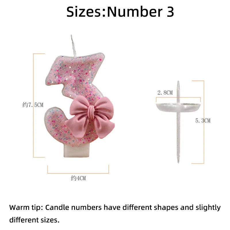 Number 0-9 Candle Cake Toppers with Pink Glitter Bow 1st Happy Birthday Cake Decorations for Girls 16th Birthday Party Supplies