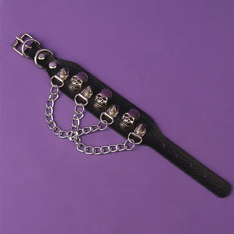 Punk Hip Hop Rock PU Leather Bracelet Unisex Trendy Chain Skull Pentagram Rivet Bracelet Party Jewelry Accessories