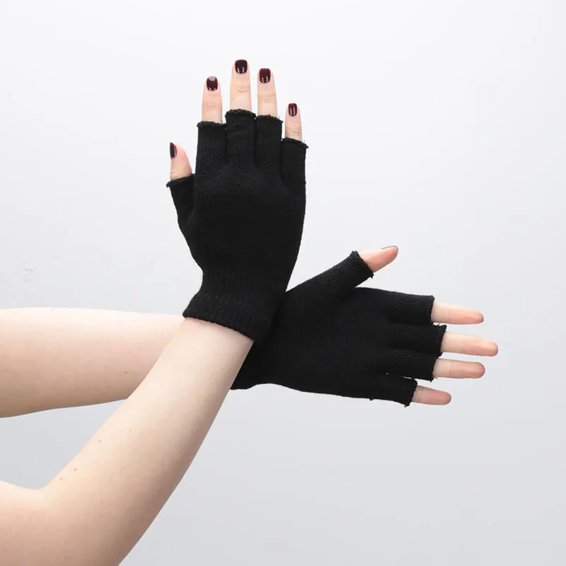 1pair Black Short Half Finger Fingerless Knit Wrist Glove Winter Warm Stretch Work Gloves for Women and Men Cycling Accessories