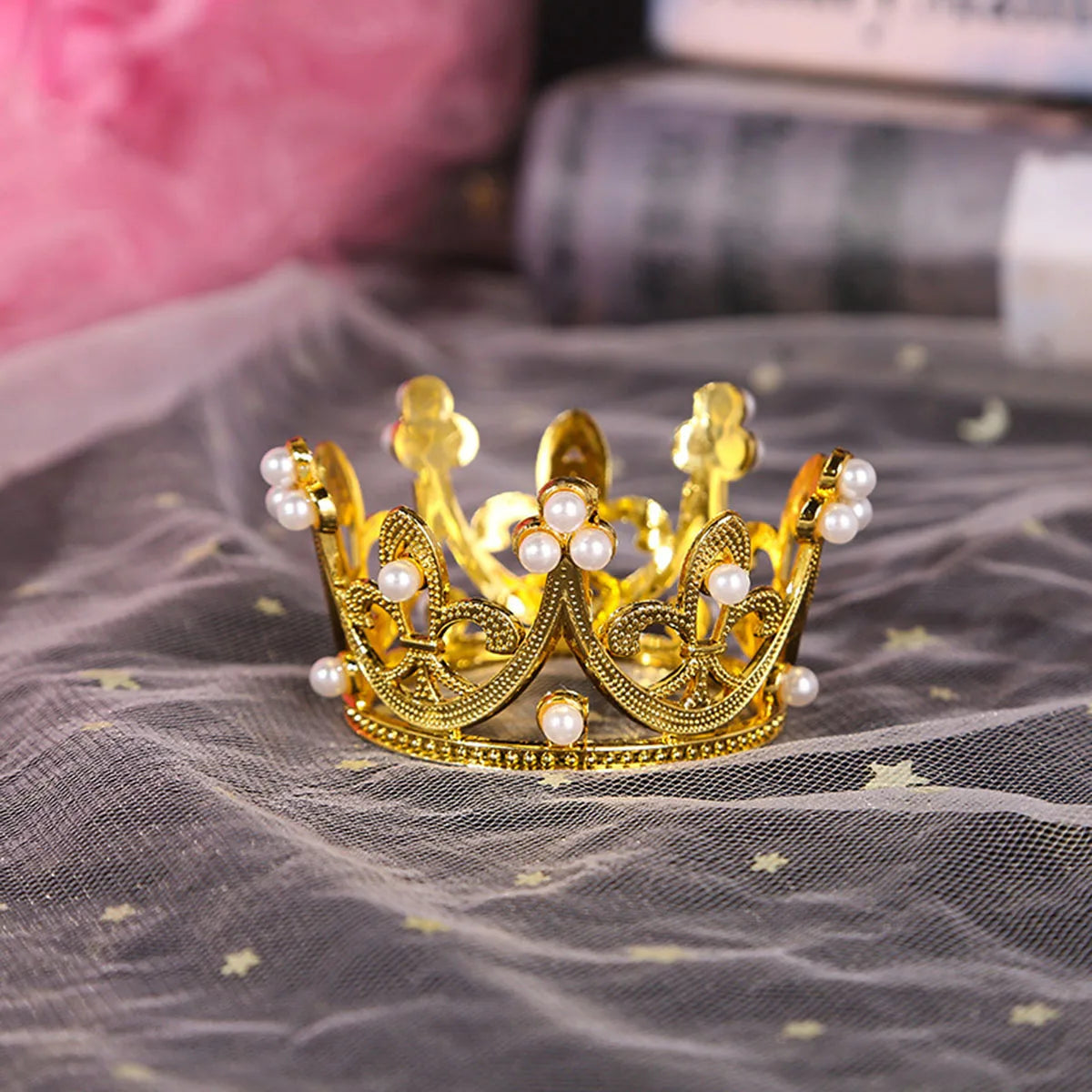 Mini Pearl Crown Cake Topper Romantic Garland Happy Birthday Children Hair Ornaments Wedding Decoration Favors Party