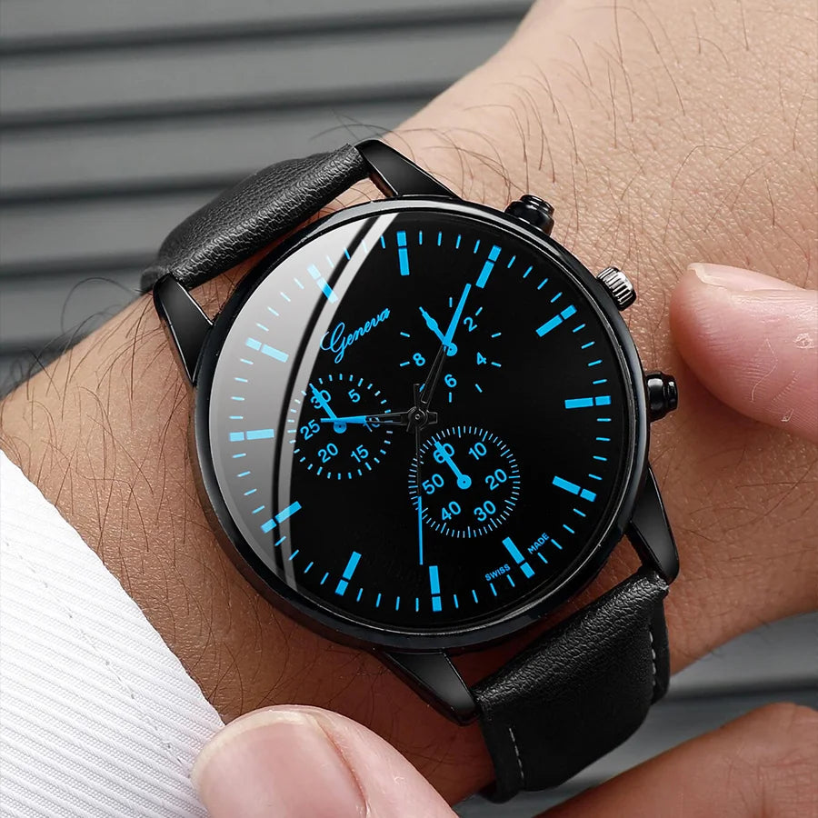 3PCS Fashion Men Business Watches Casual Leather Band Analog Male's Quartz Watch Necklace Bracelet Set Relogios Masculino
