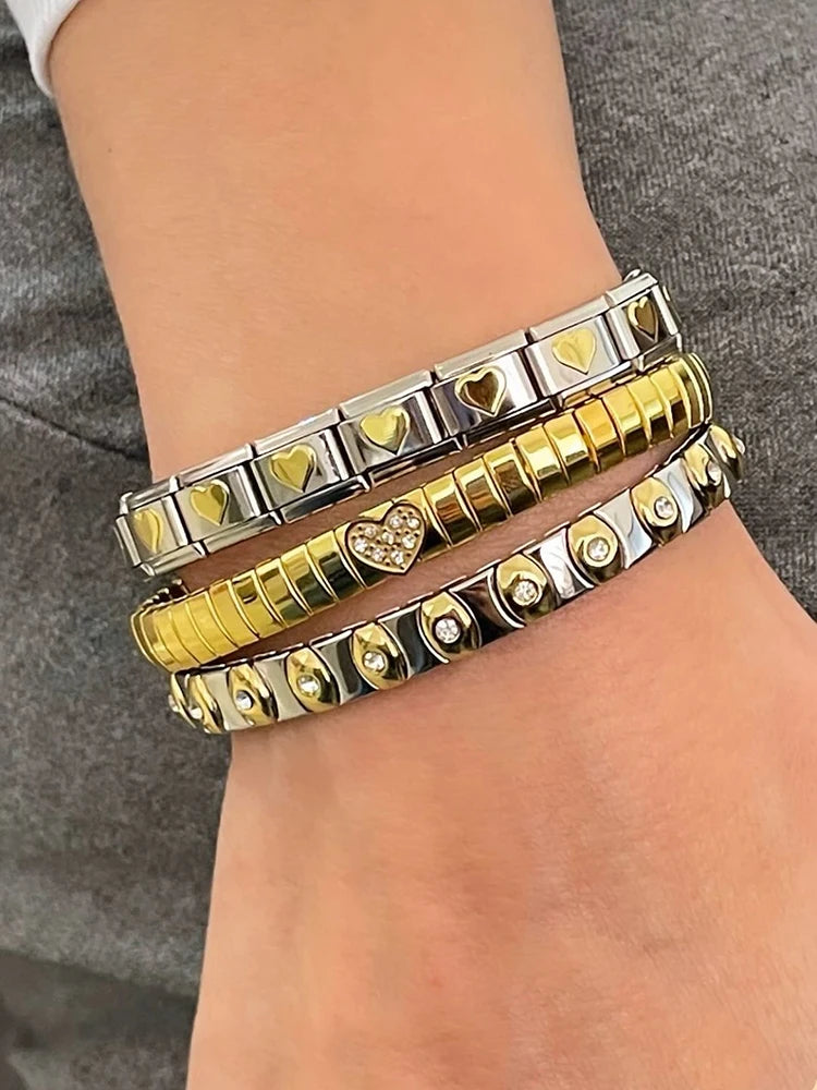 AENSOA Vintage Elasticity Stainless Steel Bangles Bracelet for Women Classic Heart Square Adjustable Wristband Waterproof Bangle
