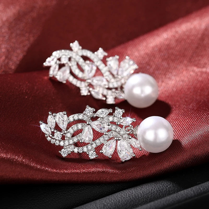 Elegant Lady Wedding Earrings with Simulated Pearl Graceful Accessories for Engagement Brilliant Zirconia Pendant Jewelry