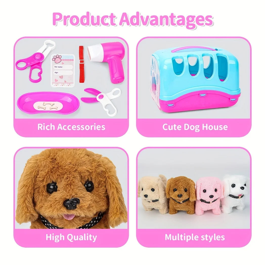 Pet Puppy Care Accessories with Dog House -Simulated Brador Dog Call Plush Toy - Children Interactive Vet Clinic Doctor - Role