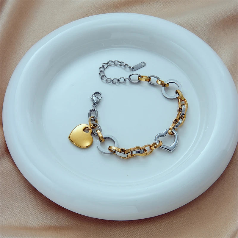 DIEYURO 316L Stainless Steel Heart Charm Bracelet For Women Hip Hop Street Trend Girls Wrist Jewelry Fashion Party Wedding Gifts