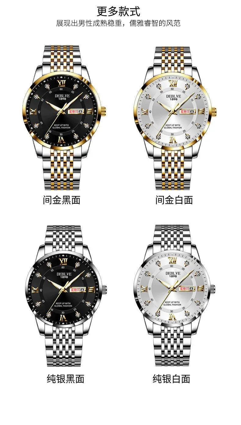 Luxury Men Watch Stainless Steel Top Quailty Push Button Hidden Clasp Waterproof Luminous Date Week Sport Wrist Watches