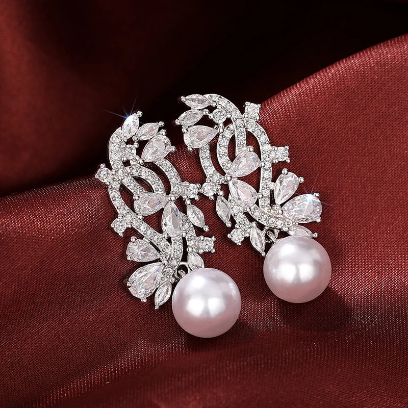 Elegant Lady Wedding Earrings with Simulated Pearl Graceful Accessories for Engagement Brilliant Zirconia Pendant Jewelry