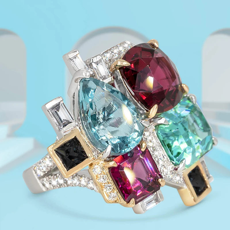New Colorful Cubic Zirconia Women Rings for Party Two Tone Personality Female Finger Rings Gorgeous Jewelry