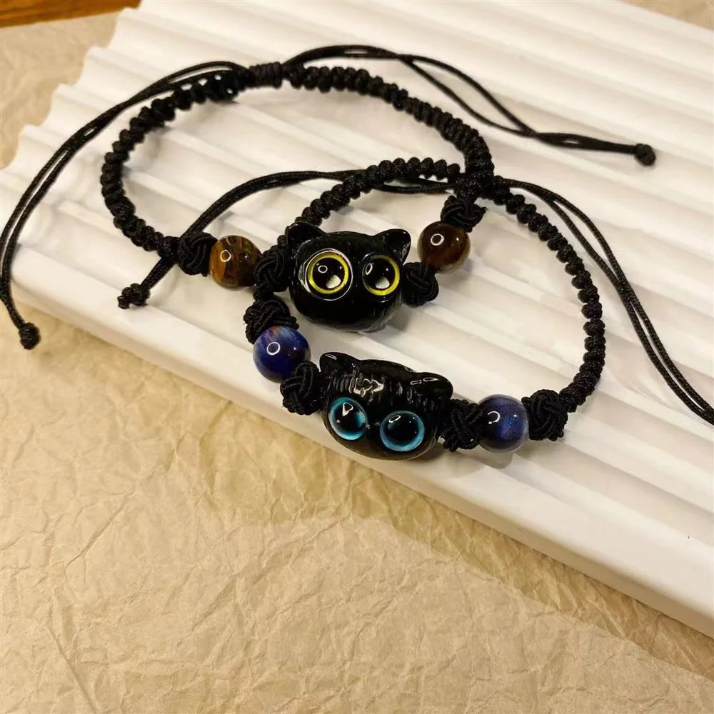 Cute Cat Couple Bracelet Imitation Wood Crystal Braided Children Bracelet Fashion Jewelry Trendy Accessories