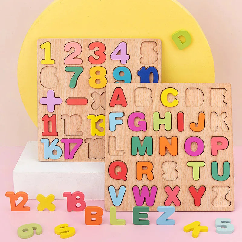 Montessori Wooden Puzzle 3D Alphabet Letters Number Matching Game Baby Kids Toys Education Learning Toy for Children 2 to 4 Year
