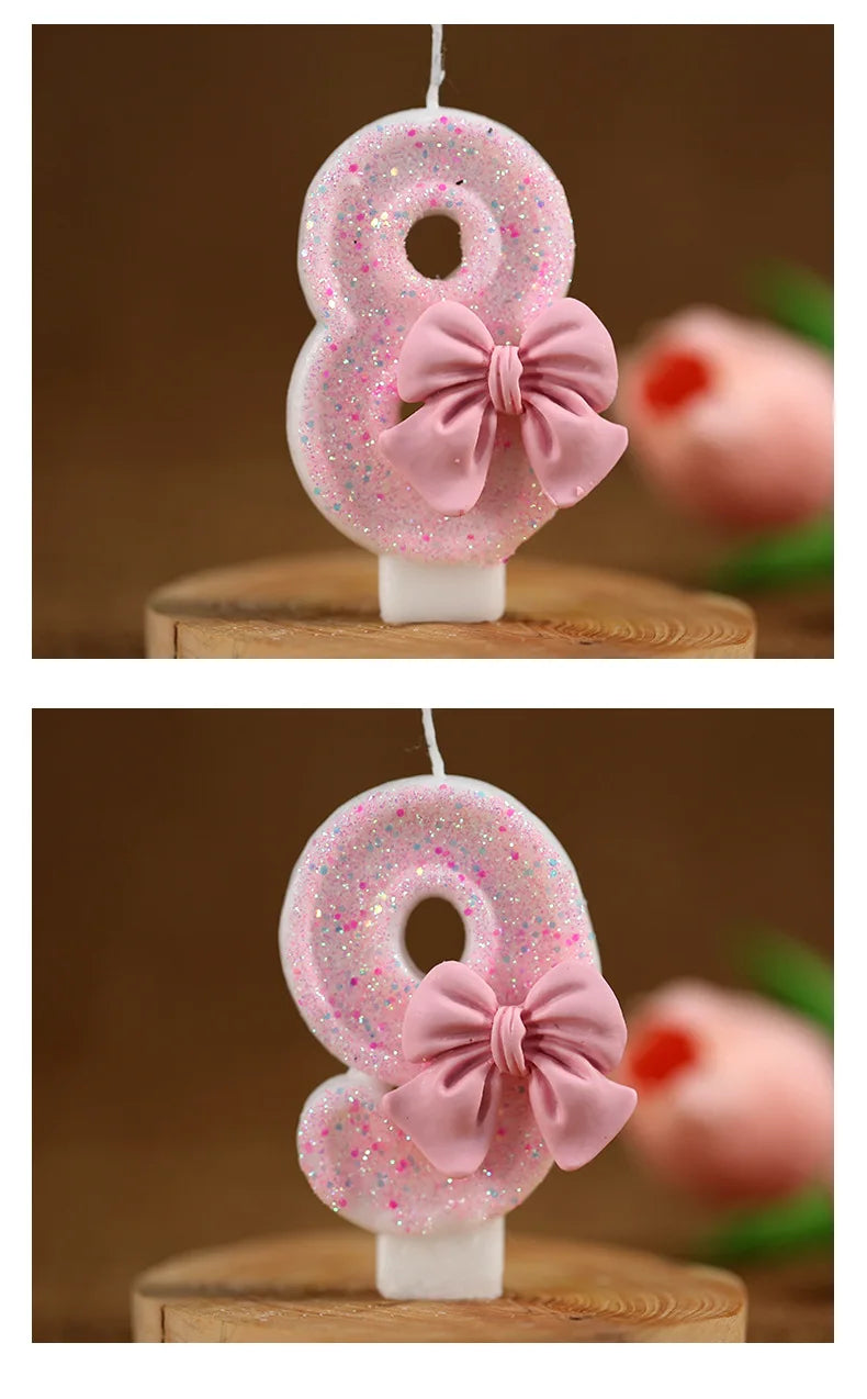 Number 0-9 Candle Cake Toppers with Pink Glitter Bow 1st Happy Birthday Cake Decorations for Girls 16th Birthday Party Supplies
