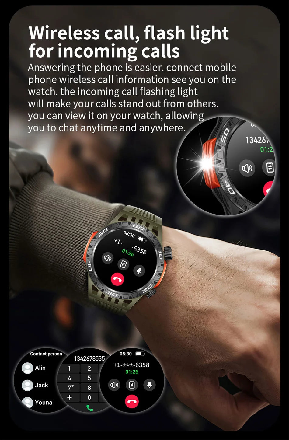 Outdoor Military Smart Watch Men's With LED lighting Bluetooth Call Smartwatch 3ATM IP68 Waterproof Compass Sports Fitness Watch