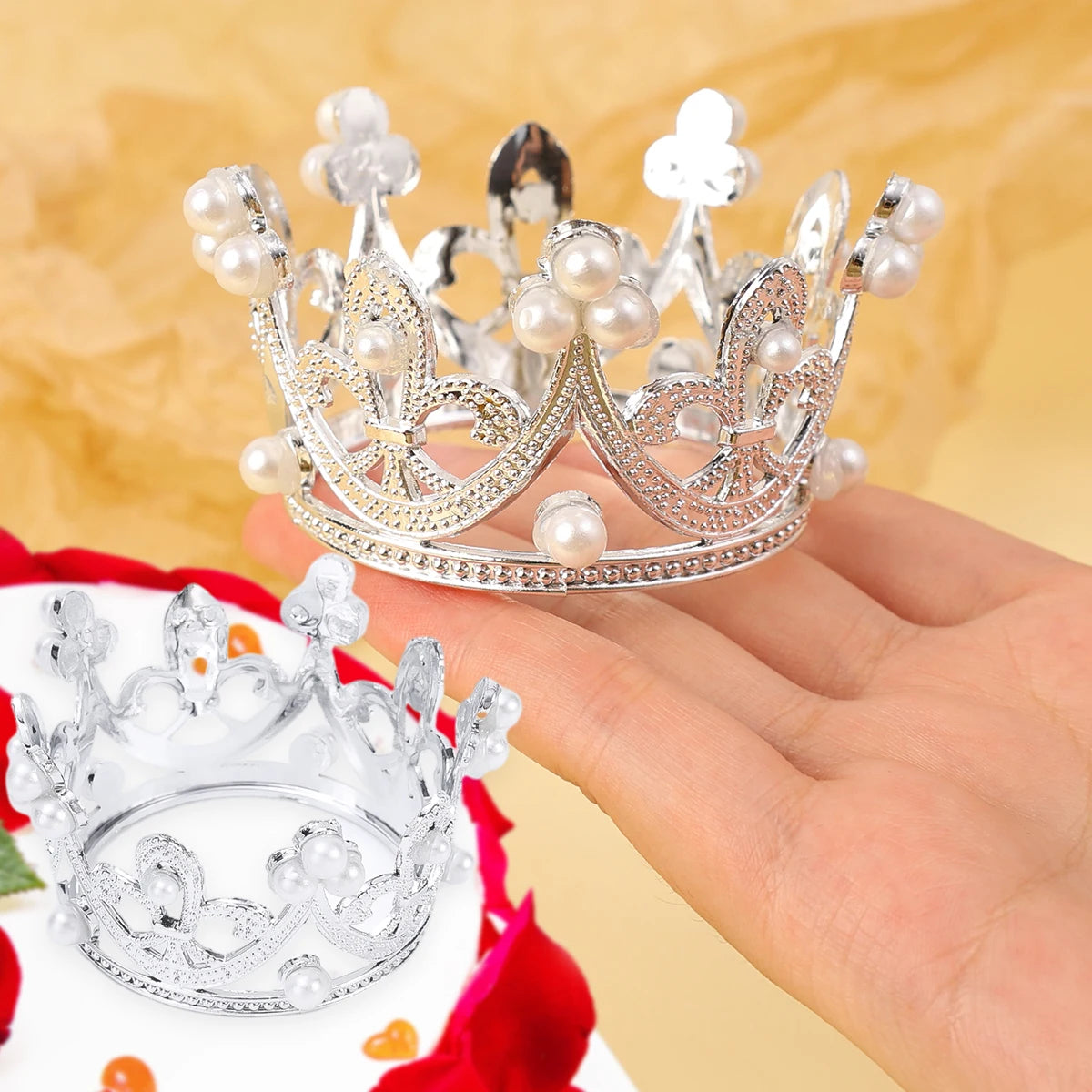 Mini Pearl Crown Cake Decoration Cupcake Topper Kids Hair Ornaments DIY Cake Baking Decoration For Wedding Birthday Party Decor