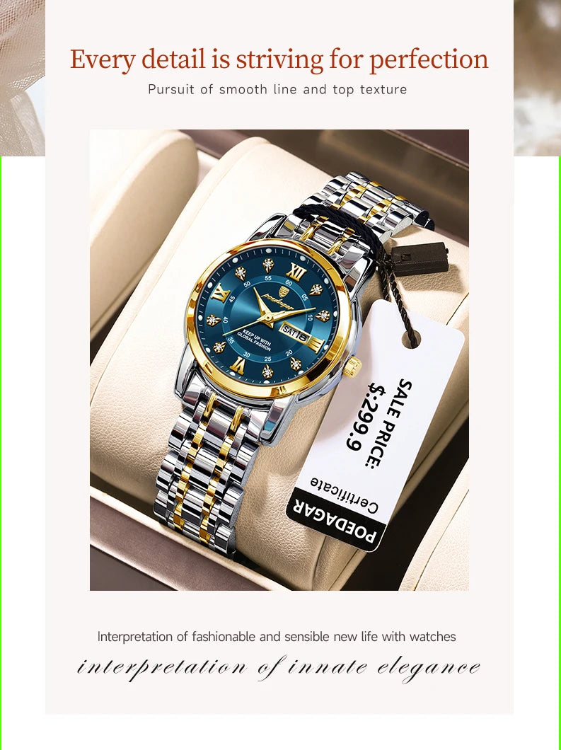 POEDAGAR Luxury Women Wristwatch Waterproof Luminous Date Week Women's Watches Stainless Steel Elegant Dress Quartz Ladies Watch