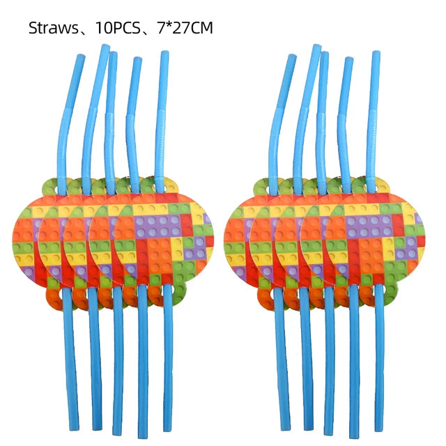 Building Blocks Theme Party Decor Supplies Disposable Tableware Cup Cake Topper Balloon Backdrop For Birthday Party Decoration