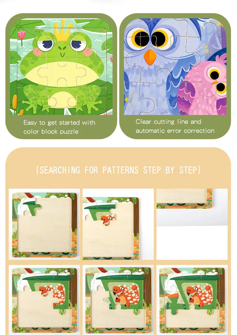 9 Piece Small Wooden Puzzle Cartoon Animal Vehicle 11x11cm Wood 3d Puzzle Montessori Educational Toys For Kids Gifts