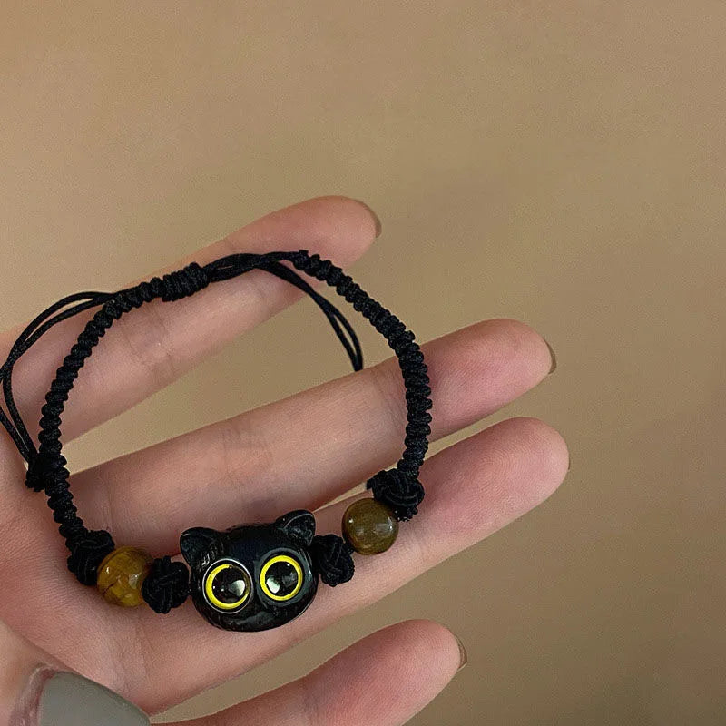 Cute Cat Bracelet For Women Funny Black Cat Bead Adjustable Braided Rope Charm Bracelets For Couple Friends Harajuku Jewelry