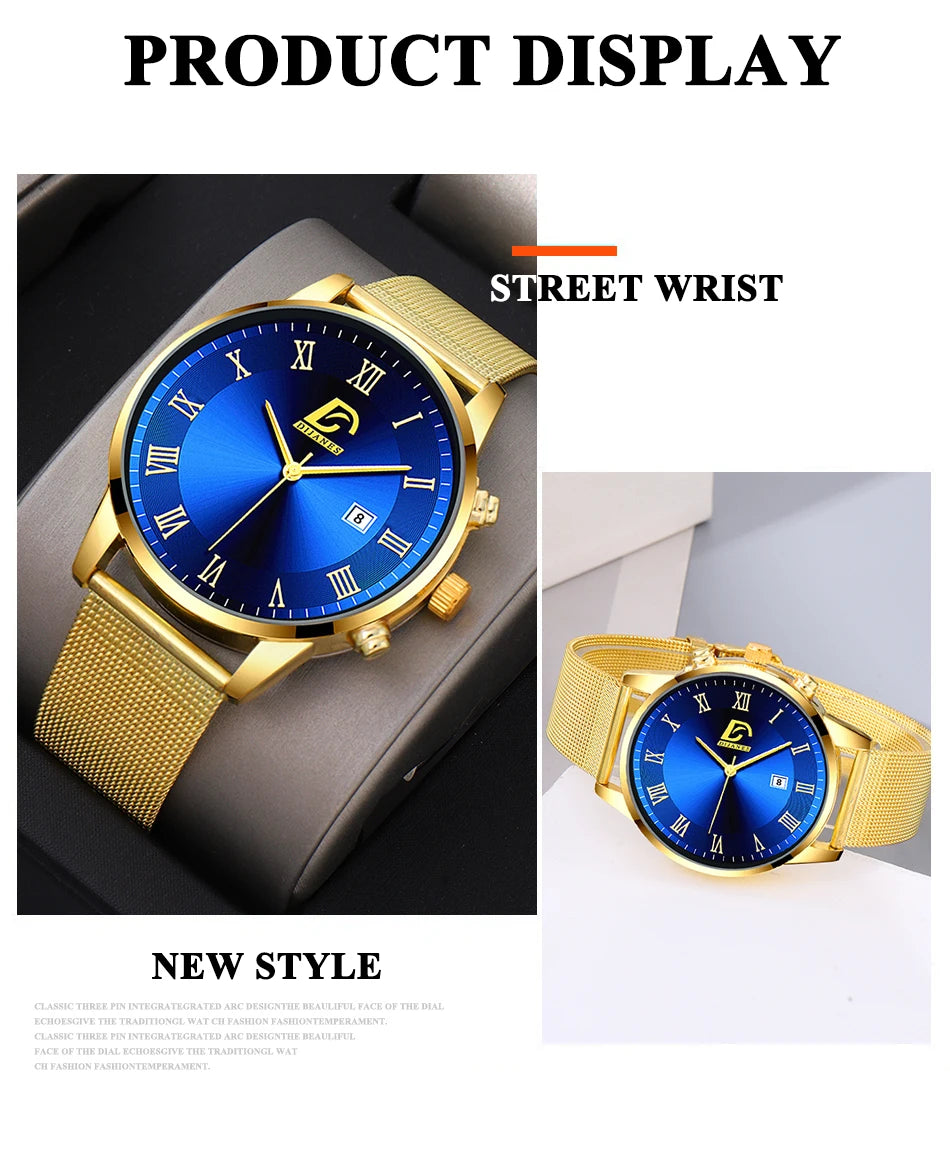 2PCS Set Fashion Mens Calendar Watches Luxury Men Business Gold Stainless Steel Mesh Belt Quartz Watch Male Necklace Wristwatch