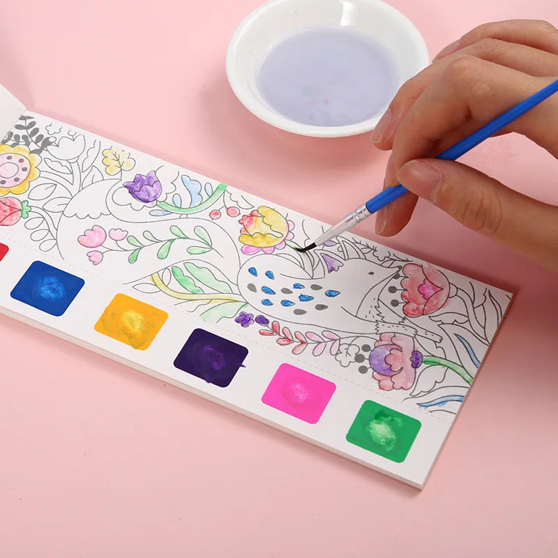 Portable Watercolor Painting Book 12 Sheets Coloring Book With Paint Brush Gouache Book Kids Graffiti Picture Drawing Toys