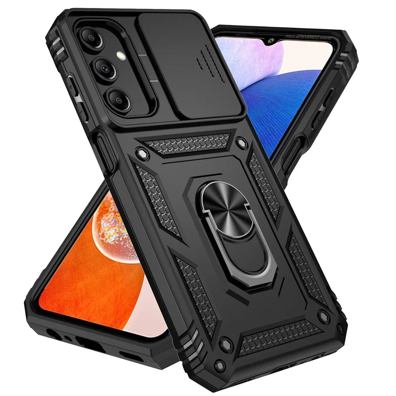 Slide Camera Lens Military Grade Armor Case For Samsung Galaxy A15 A25 A35 A55 5G Phone Holder Ring Stand Cover