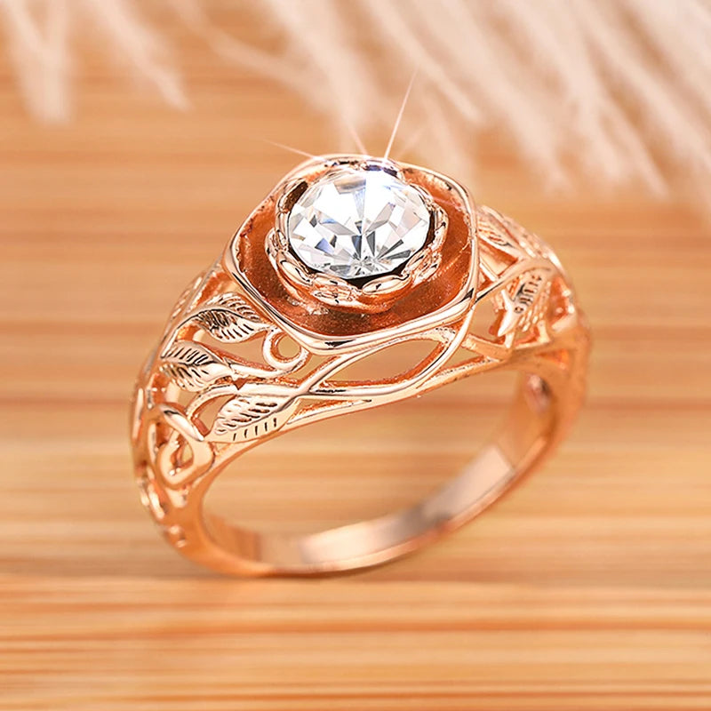 Aesthetic Rose Gold Color Flower Ring Female Engagement Accessories with Bright Zirconia Graceful Wedding Band Jewelry