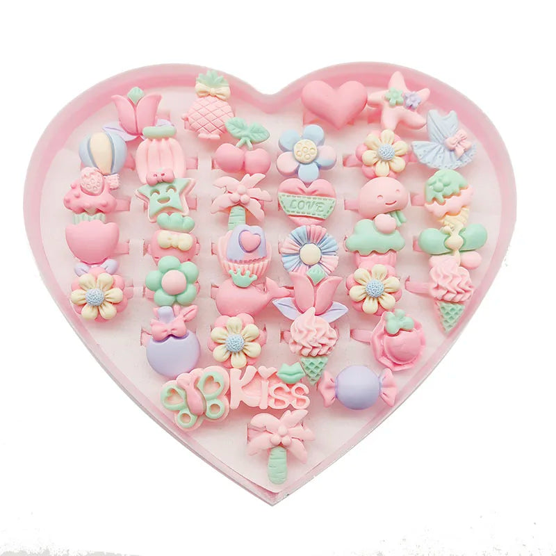 30pcs/Lot Wholesale Child Open Design Resin Candy Flower Finger Rings Plastic Pink Kid Ring Children Party Gifts Birthday Girls
