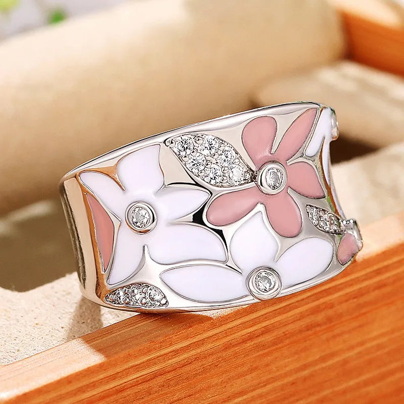 Aesthetic Enamel Flower Finger Ring for Women Wedding Party New 2023 Ring Silver Color Luxury Cubic Zirconia Jewelry Gift