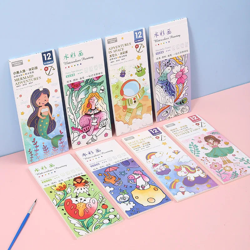 Portable Watercolor Painting Book 12 Sheets Coloring Book With Paint Brush Gouache Book Kids Graffiti Picture Drawing Toys