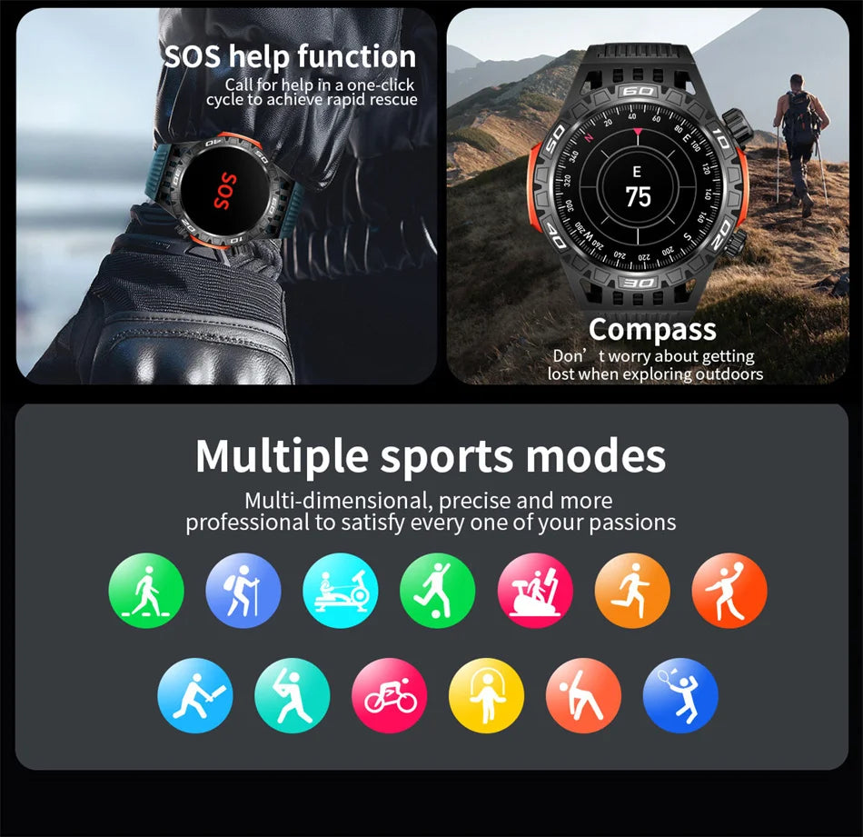 Outdoor Military Smart Watch Men's With LED lighting Bluetooth Call Smartwatch 3ATM IP68 Waterproof Compass Sports Fitness Watch