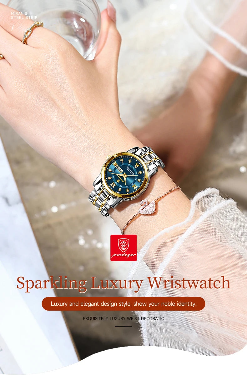 POEDAGAR Luxury Women Wristwatch Waterproof Luminous Date Week Women's Watches Stainless Steel Elegant Dress Quartz Ladies Watch