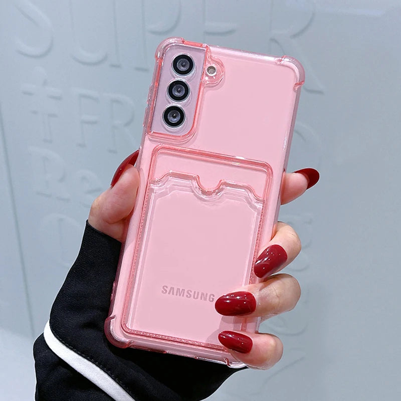 Shockproof Airbag Card Bag Wallet Clear Phone Case For Samsung Galaxy S21 S22 S23 FE S24 Plus S24 Ultra 5G Corners Bumper Cover