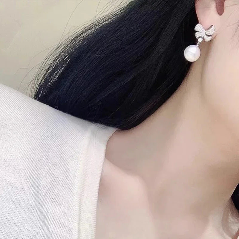 Sweet Bow Shape Imitation Pearl Hanging Earrings for Women Romantic Bridal Wedding Earrings Luxury Cubic Zirconia Jewelry