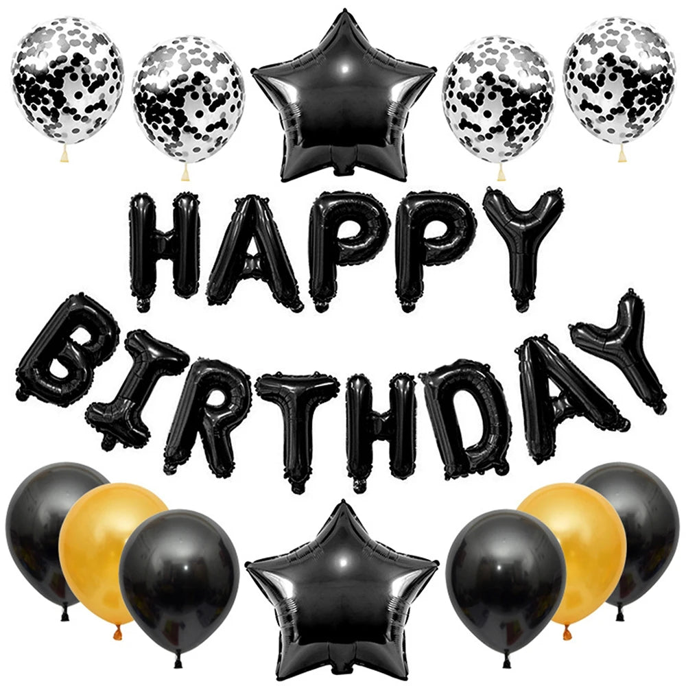 25pcs Balloons Set with Happy Birthday Banner Silver Blue Black Rose Gold Party
