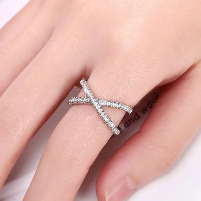Simple Stylish Cross Shape Cubic Zirconia Rings for Women Fashon Female Finger Accessory Wedding Bands Statement Jewelry