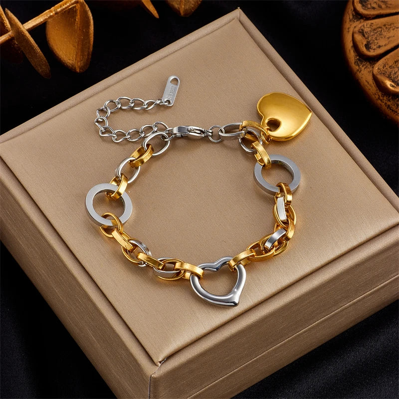 DIEYURO 316L Stainless Steel Heart Charm Bracelet For Women Hip Hop Street Trend Girls Wrist Jewelry Fashion Party Wedding Gifts