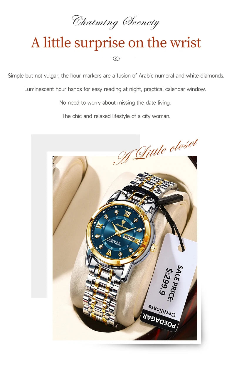 POEDAGAR Luxury Women Wristwatch Waterproof Luminous Date Week Women's Watches Stainless Steel Elegant Dress Quartz Ladies Watch