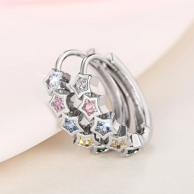 Trendy Star Hoop Circle Earrings Female Bright Rainbow Colored Zirconia Accessories Silver Color Jewelry for Daily Wear